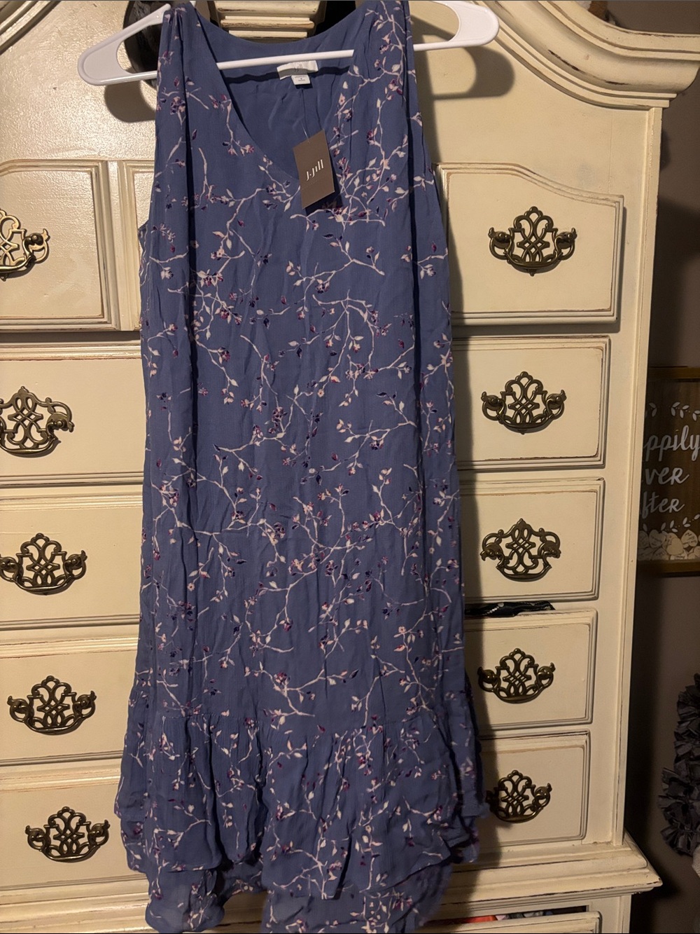 J. Jill Dusty Blue Maxi Dress with Pink Floral Sprigs